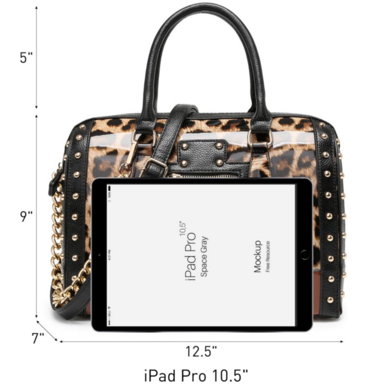 Dasein Women's Barrel Bag Shiny Patent Faux Leather Handbag with Rivet Decoration Top Handle Satchel Shoulder Purse (Large Leopard) - Image 4